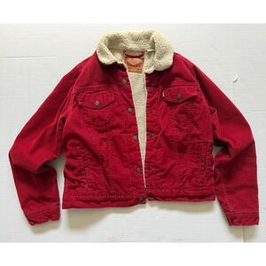 Levis Corduroy Trucker Jacket Womens Large Red Sherpa Lined Snap Button